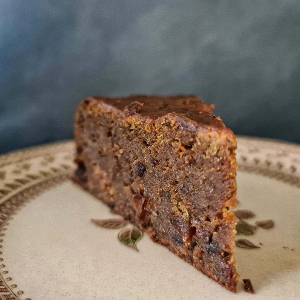 Close up slice of black cake